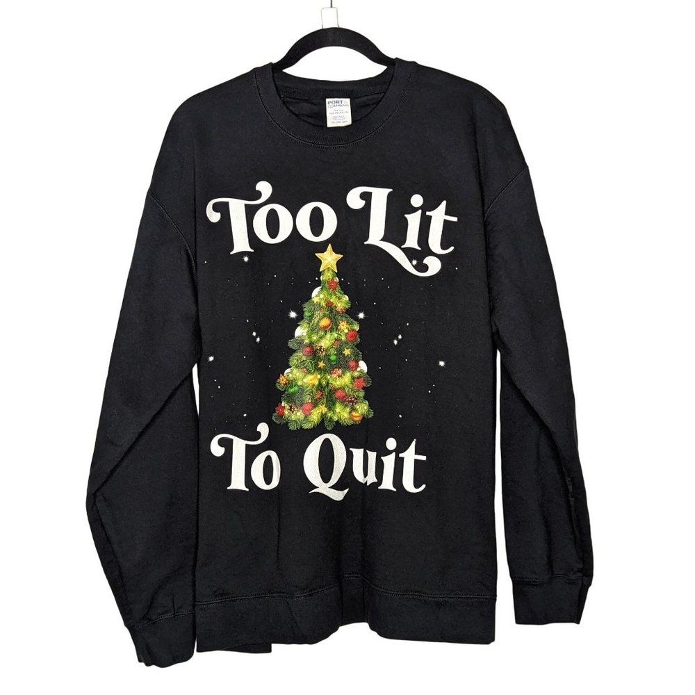 Port & Company TOO LIT TO QUIT long sleeve black Christmas Tree Sweatshirt 2XL‎